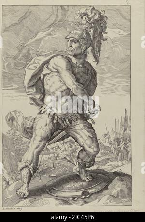 Der Held Titus Manlius Torquatus zieht sein Schwert aus der Scheide. Im Hintergrund ist er zu sehen, als er auf einer Brücke einen Gallier besiegt, Titus Manlius Torquatus Roman Heroes (Serientitel), Druckerei: L. Hachin, (Objektbezeichnung), Hendrick Goltzius, Amsterdam, 1829, Papier, Gravur, H 387 mm × B 274 mm Stockfoto