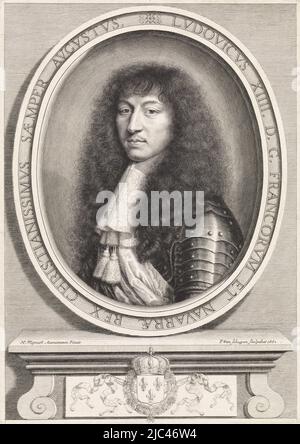 Porträt von Ludwig XIV., König von Frankreich, mit Spitzenkragen mit zwei Quasten, Druckerei: Pieter van Schuppen, (auf Objekt erwähnt), nach: Nicolas Mignard, Paris, Jul-1662, Papier, Gravur, H 275 mm × B 195 mm Stockfoto