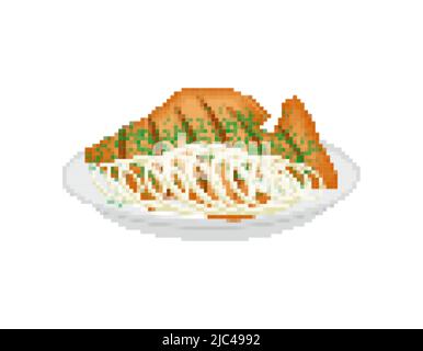 Gebratener Fisch Pixel Art. 8 Bit gebratener Barsch Vektor-Illustration Stock Vektor