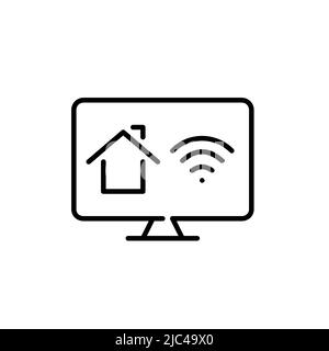 Smart Home automatisierte Technologie Steuerung App auf dem Monitor. Pixel-perfektes, bearbeitbares Strichsymbol Stock Vektor