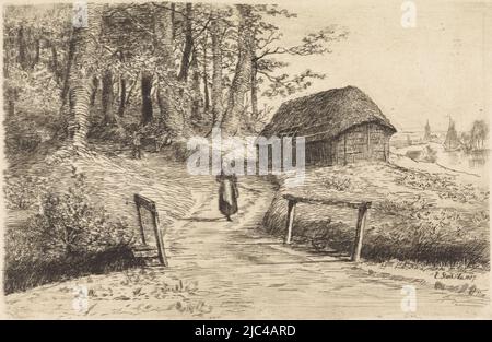 Eine Frau geht eine Straße entlang, die über eine kleine Brücke und an einer Scheune vorbei führt, Landschaft mit Brücke und Scheune, Druckerei: Elias stark, (erwähnt auf Objekt), Nieuwer-Amstel, 1-May-1887, Papier, Ätzung, H 97 mm × B 148 mm Stockfoto