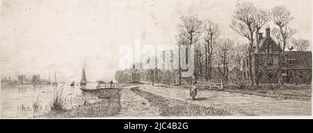 Häuser entlang der Amstel. Eine Frau geht auf der Straße, Huizen aan de Amstel Heerhuizen aan den Amstel (Titel auf Objekt), Druckerei: Elias stark, Nieuwer-Amstel, Mar-1887, Papier, Radierung, H 165 mm × B 333 mm Stockfoto