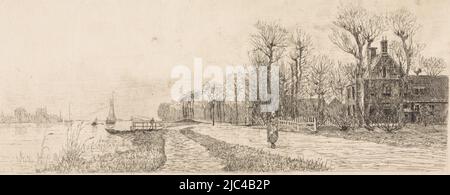 Häuser entlang der Amstel. Eine Frau geht auf der Straße., Häuser an der Amstel, Druckerei: Elias stark, Nieuwer-Amstel, März-1887, Papier, Radierung, H 167 mm × B 334 mm Stockfoto