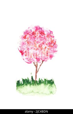Blühender Aquarell rosa Baum. Frühlingsblume in Blüte auf Zweig. Wunderschöne Sommerdarstellung. Handzeichnung skizzieren. Japanische Aquarellkarte. Sakura-Designelement Stockfoto