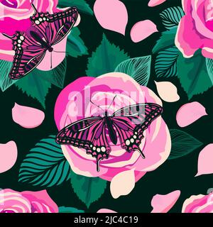 Nahtloser Hintergrund mit Rosen und Schmetterlingen. Vektorgrafik Stock Vektor