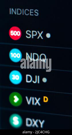 Rottweil, Deutschland. 09.. Juni 2022. Die Lettering Indices sind auf einer Handelsplattform zu sehen. Kredit: Silas Stein/dpa/Alamy Live Nachrichten Stockfoto