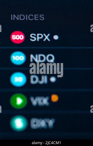 Rottweil, Deutschland. 09.. Juni 2022. Die Lettering Indices sind auf einer Handelsplattform zu sehen. Kredit: Silas Stein/dpa/Alamy Live Nachrichten Stockfoto