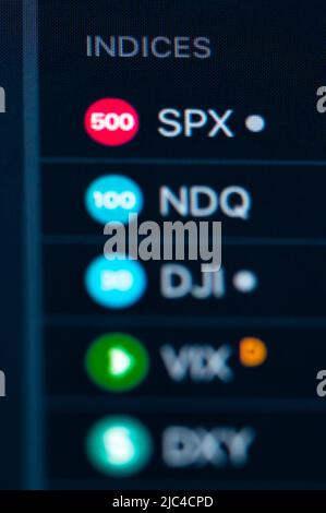 Rottweil, Deutschland. 09.. Juni 2022. Die Lettering Indices sind auf einer Handelsplattform zu sehen. Kredit: Silas Stein/dpa/Alamy Live Nachrichten Stockfoto