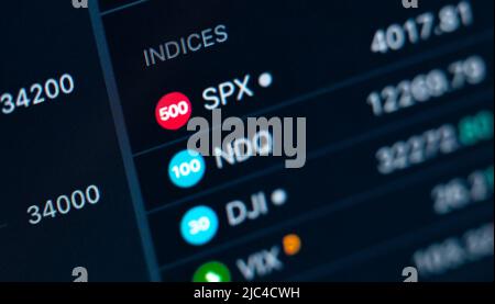 Rottweil, Deutschland. 09.. Juni 2022. Die Lettering Indices sind auf einer Handelsplattform zu sehen. Kredit: Silas Stein/dpa/Alamy Live Nachrichten Stockfoto