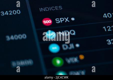 Rottweil, Deutschland. 09.. Juni 2022. Die Lettering Indices sind auf einer Handelsplattform zu sehen. Kredit: Silas Stein/dpa/Alamy Live Nachrichten Stockfoto