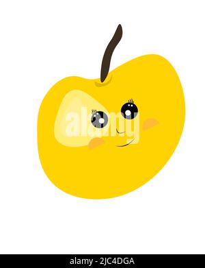 Niedlicher gelber kawaii-Apfel. Lustige lächelnde Figur Obst Apfel im Cartoon-Stil. Vektor, Illustration. Stock Vektor