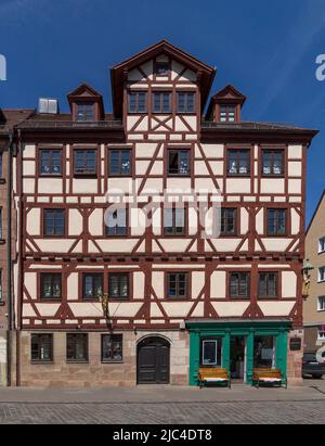 Historisches Fachwerkhaus, Totalsanierung durch die Altstadtfreunde Nürnberg, Unschlittplatz 12, Nürnberg, Mittelfranken, Bayern, Deutschland Stockfoto