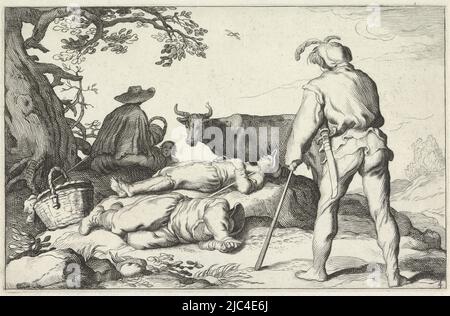 Fünf Hirten sitzen oder liegen unter einem Baum in ländlicher Umgebung. Neben ihnen ist ein Stier. Druck vier aus einer Serie von vier pastoralen Szenen., Viehhirten vier Pastoralszenen (Serientitel), Druckerei: Cornelis Bloemaert (II), (möglicherweise), Abraham Bloemaert, Verlag: Nicolaes Visscher (I), Druckerei: Utrecht, (möglicherweise), Verlag: Amsterdam, in or after c. 1625 - in oder vor c. 1630 und/oder in oder nach 1638 - in oder nach 1652, Papier, Gravur, H 171 mm - B 211 mm Stockfoto