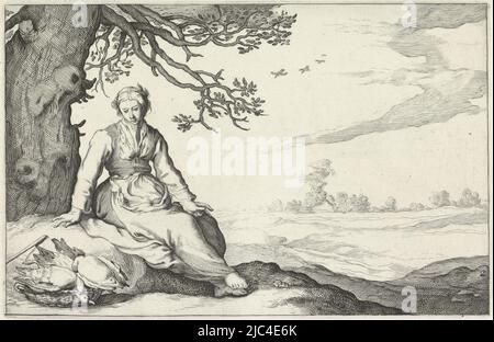 Eine Frau ruht unter einem Baum in ländlicher Umgebung. Neben ihr ein Korb mit zwei Gänsen. Druck zwei aus einer Serie mit vier ländlichen Szenen, Eine junge Frau unter einem Baum vier pastorale Szenen (Serientitel), Druckerei: Cornelis Bloemaert (II), (möglicherweise), Abraham Bloemaert, Verlag: Nicolaes Visscher (I), Druckerei: Utrecht, (möglicherweise), Verlag: Amsterdam, nach c. 1625 - vor c. 1630 und/oder nach 1638 - in oder nach 1652, Papier, Gravur, H 133 mm - B 206 mm Stockfoto