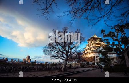 Panoramablick auf die Stadt Osaka bei Sonnenuntergang Stockfoto