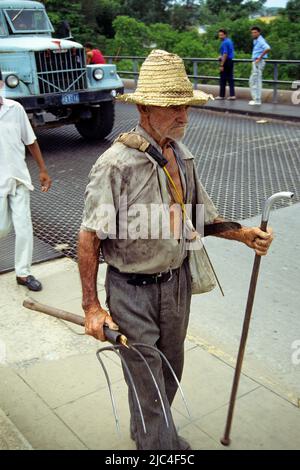 Älterer Landwirt mit Dungfork und Spazierstock auf dem Weg zur Arbeit, Pinar del Rio, Kuba, Karibik Stockfoto