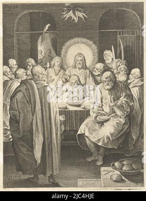 Christus beim letzten Abendmahl mit seinen Jüngern, Letztes Abendmahl die Passion (Serientitel), Druckerei: Nicolaes de Bruyn, (Objektbezeichnung), Nicolaes de Bruyn, (Objektbezeichnung), Hendrick Goltzius, Niederlande, 1618, Papier, Gravur, H 183 mm × B 141 mm Stockfoto