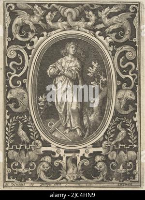 Blatt 2 der Serie von 4 nummerierten Blättern mit flachen Verzierungen. Spes, Personifizierung der Hoffnung, im Oval stehend. Im Rahmen oben Mitte vier Drachen, zwei mit ineinander verdrehten Schwänzen. Schattierter Hintergrund, Flugzeug Dekoration mit Spes Flugzeug Dekorationen. Ovale mit vier Tugenden in einem Rahmen von Grotesken mit Tieren (Serientitel)., Druckerei: Nicolaes de Bruyn, (auf Objekt erwähnt), Nicolaes de Bruyn, Verlag: Frederik de Wit, Druckerei: Niederlande, Verlag: Amsterdam, 1639 - 1706, Papier, Gravur, H 111 mm × B 83 mm Stockfoto