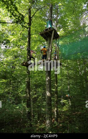 Abenteuerpark, Waldseilgarten, Klettern Waldkletterelement, Netz, Mann, Mädchen mit Helm, Bewegung, Im Grünen, Lichtenstein Stockfoto