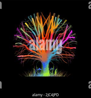 Baum bunte Silhouette Logo. Magischer Regenbogenbaum auf schwarzem Hintergrund. Vektorgrafik Stock Vektor