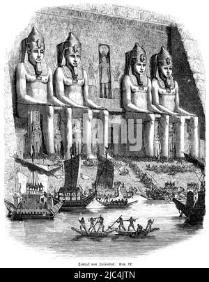 Tempel von Ipsambul oder Abu Simbel, Pharao, Schiffe, Rudern, Treppen, Eingang, Götter, Nil, Ägypten, Moses, Bibel, Altes Testament, Erstes Buch Mose Stockfoto