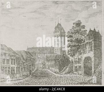 Blick auf den Broekerpoort (rechts) in Oudewater mit Blick auf den Turm der St. Michaelskirche, Broekerpoort in Oudewater, Druckerei: Eberhard Cornelis Rahms, (auf Objekt erwähnt), Oudewater, Aug-1860, Papier, Ätzung, H 137 mm × B 159 mm Stockfoto