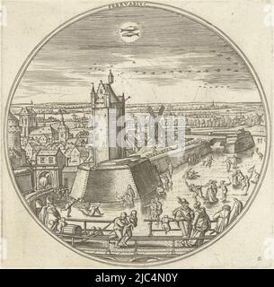 Runder Rahmen mit einer Winterszene in der Stadt im Februar. Außerhalb der Stadt laufen die Menschen auf den Kanälen. Oberhalb der Mitte das Sternbild der Fische. Der Druck ist Teil einer zwölfteiligen Serie über die zwölf Monate, Februar Februar Februar die zwölf Monate (Serientitel), Druckerei: Adriaen Collaert, Hans Bol, Verlag: Claes Jansz. Visscher (II), (auf Objekt erwähnt), Druckerei: Antwerpen, Antwerpen, Verlag: Amsterdam, 1578 - 1582, Papier, Gravur, H 144 mm × B 144 mm Stockfoto