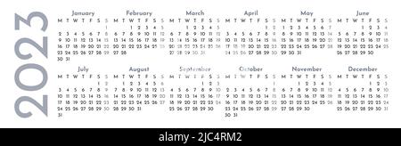 Vorlage für Monatskalender für 2023 Jahre. Die Woche beginnt am Montag. Seitenlayout-Kalender in einem minimalistischen Stil. Vertikales Tischraster. Organisator der Agenda. Vec Stock Vektor
