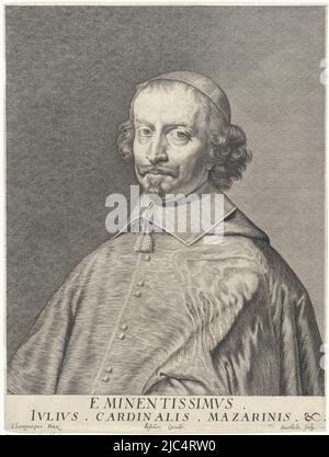 Porträt von Giulio Raimondo Mazarino, Kardinal und französischer Staatsmann, Porträt von Kardinal Giulio Raimondo Mazarino, Druckerei: François Stuerhelt, (auf Objekt erwähnt), nach: Philippe de Champaigne, (auf Objekt erwähnt), Herausgeber: Claes Jansz. Visscher (II), (erwähnt auf Objekt), Amsterdam, c. 1602 - 1652, Papier, Gravur, H 249 mm × B 188 mm Stockfoto