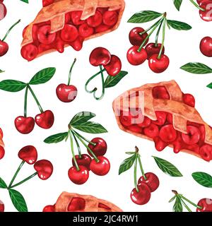 Kirschkuchen Nahtloses Muster. Aquarelldarstellung. Isoliert auf weißem Hintergrund. Für Ihre Designstoffe, Verpackungspapier, Kochbücher, Schürzen Stockfoto