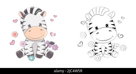 Cute Clipart Zebra Illustration und zum Ausmalen Seite. Cartoon Clip Art Zebra mit Blumen und Herzen. Vektor-Illustration eines Tieres für Aufkleber Stock Vektor