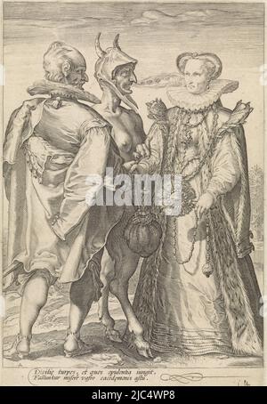 Der Teufel vereint einen Mann und eine Frau, die als Paar lukrative Liebe symbolisieren, in der Ehe, Ehe aus Reichtum durch den Teufel geschlossen verschiedene Arten von Ehen (Serientitel), Druckerei: Jan Saenredam, Hendrick Goltzius, Cornelius Schonaeus, Nordniederland, 1575 - 1607, Papier, Gravur, H 235 mm × B 160 mm Stockfoto