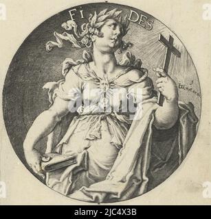 Glaube, in Form einer Frau, die ein Buch in ihrer rechten Hand und ein Kreuz in ihrer linken Hand hält. An der Spitze der Darstellung steht das Wort „FIDES“ (Glaube). Dieser Druck ist Teil einer Serie von sieben kreisförmigen Darstellungen der Tugenden, die jeweils durch eine weibliche Figur mit typischen Attributen und mit lateinischer Inschrift personifiziert sind., Faith Fides the Tugenden (Serientitel), Druckerei: Jacob de Gheyn (II), (Werkstatt von), Druckerei: Zacharias Dolendo, (möglicherweise), Jacob de Gheyn (II), (erwähnt auf Objekt), Niederlande, 1591 - 1595, Papier, Gravur, d 152 mm Stockfoto