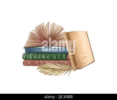 Aquarell Vintage Bücher Illustration. Von Hand gezeichnet ein Stapel alter Bücher, Tintenfeder, offenes Buch, seltenes Papier. Antike Objekte. Alte und seltene Elemente. Stockfoto