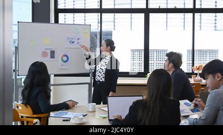 Executive Business Leader erklärt den Geschäftsplan und stellt den jungen Mitarbeitern das Projekt auf einem Flipchart vor Stockfoto