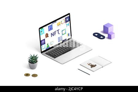 Isometrisches NFT nicht-fungible Token-Zusammensetzung Konzept. Laptop mit NFT-Kunst, Pad mit Zeichnung, NFT-Krypto-Münzen, Blöcken und Kette. Artist Work Desk Konz Stockfoto