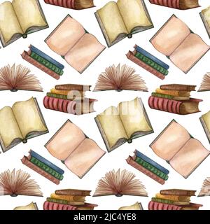 Vintage-Bücher in Aquarellfarben, offene Bücher und Illustrationen mit Tintenstift. Seltene Elemente, handgezeichnetes Nahtloses Muster. Stockfoto