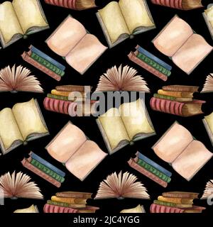 Vintage-Bücher in Aquarellfarben, offene Bücher und Illustrationen mit Tintenstift. Seltene Elemente, handgezeichnetes Nahtloses Muster. Stockfoto