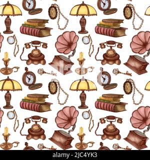 Aquarell Vintage Elemente, alte Bücher, Briefe. Handgezeichnete Illustrationen. Nahtloses Muster. Stockfoto