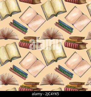Vintage-Bücher in Aquarellfarben, offene Bücher und Illustrationen mit Tintenstift. Seltene Elemente, handgezeichnetes Nahtloses Muster. Stockfoto