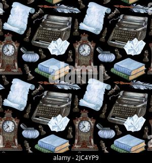 Aquarell Vintage Elemente, alte Bücher, Briefe. Handgezeichnete Illustrationen. Nahtloses Muster. Stockfoto