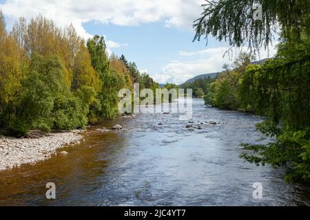 River Dee am Eingang zu Balmoral Castle and Gardens, Royal Deeside, Aberdeenshire, Schottland, Stockfoto