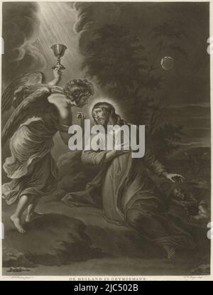 Christus betet zu Gott im Garten Gethsemane und empfängt eine Vision. Ein Engel erscheint am wolkigen Himmel mit einem Kelch. Im Hintergrund schlafen zwei seiner Jünger. Christus im Garten Gethsemane, dem Erlöser in Gethsemane. , Druckerei: Charles Howard Hodges, (auf Objekt erwähnt), nach: Peter Paul Rubens, (auf Objekt erwähnt), Verlag: Evert Maaskamp, (auf Objekt erwähnt), Amsterdam, 1808, Papier, H 595 mm × B 450 mm Stockfoto