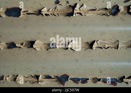 Eine Nahaufnahme der Farbe, die in geschälter Form von einem Blechdach abstammt. uttarakhand Nordindien. Stockfoto