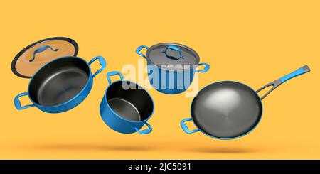 Set aus fliegendem Stewpot aus Edelstahl, Bratpfanne und Kochgeschirr aus verchromtem Aluminium auf gelbem Hintergrund. 3D Render von antihaftbeschichteter Küchenutensilien Stockfoto