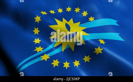 3D Illustration einer wehenden Flagge des Departements Uruguay von Durazno Stockfoto