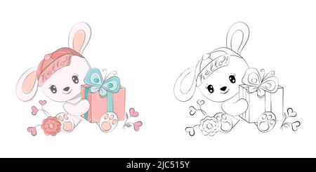 Clipart Rabbit Multicolor und Black and White. Niedliches Clip Art Kaninchen mit einem Geschenk. Vektor-Illustration eines Tieres für Aufkleber, Babydusche Stock Vektor