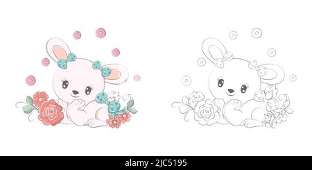 Bunny Clipart für Malseite und mehrfarbige Illustration. Baby Clip Art Hase mit Blumen und einer Schleife. Vektor-Illustration eines Tieres für Stock Vektor