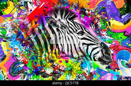 Bunte künstlerische Zebra Schnauze mit heller Farbe spritzt Farbkunst Stockfoto