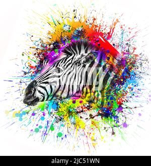 Bunte künstlerische Zebra Schnauze mit heller Farbe spritzt Farbkunst Stockfoto